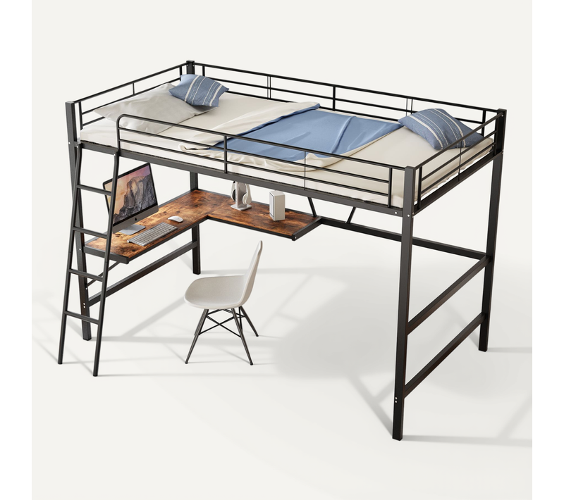 Lit Mezzanine 90x200 Cm - Lit Avec Bureau Intégré Forme L Et étagère - Métal + Mdf - Noir