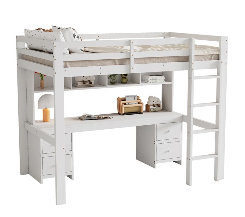 Lit Mezzanine 90 X 200 Cm - Lit Avec Rangement Et Escalier Sécurisé - Pin + Mdf - Blanc