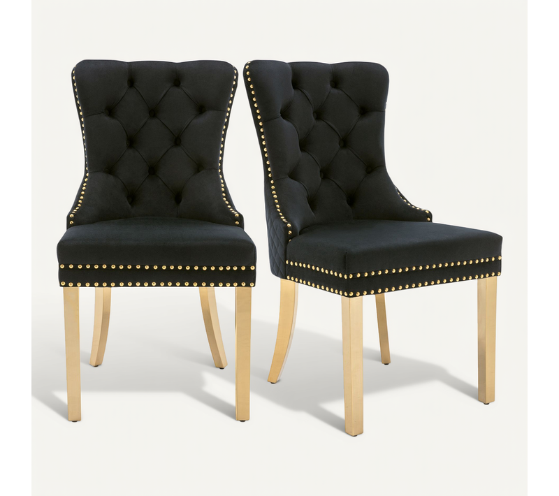 Chaises - Lot De 2 Chaises En Velours - Pieds Dorés - Anneau Décoratif - Style Clouté - Noir
