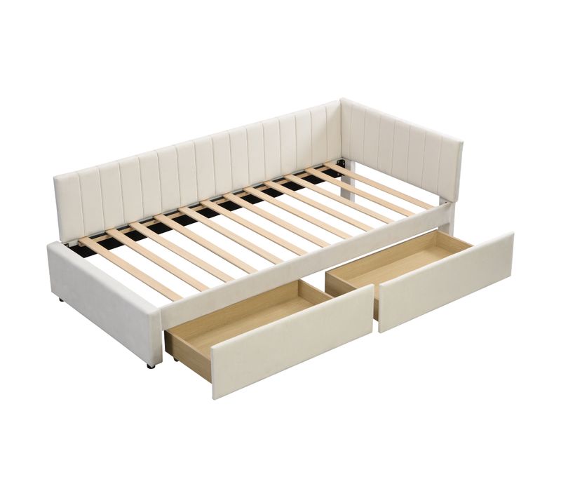 Lit Banquette 90x200 Cm - Lit Avec 2 Tiroirs De Rangement Et Sommier à Lattes - Velours Beige