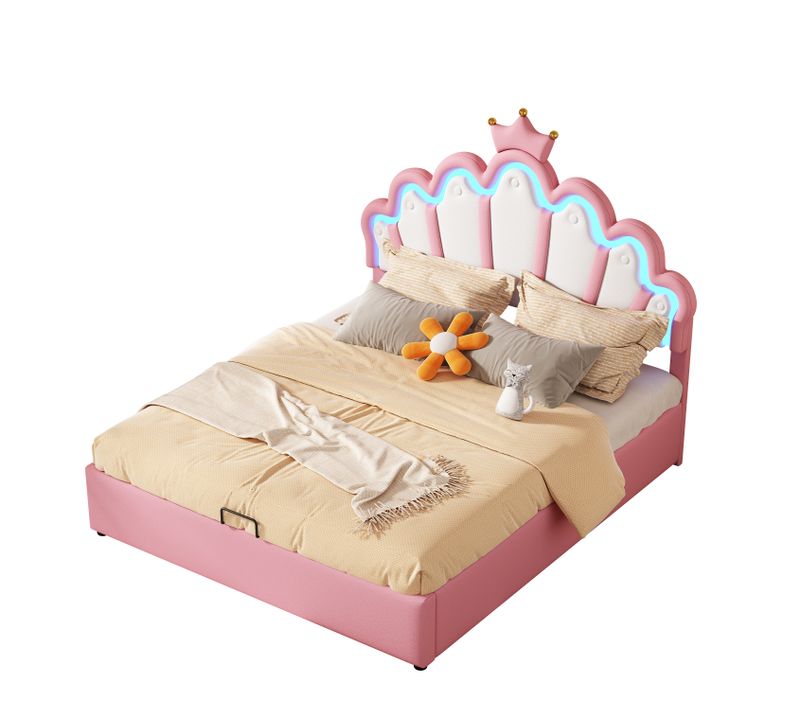 Lit Coffre Enfant 140x200 Cm - Lit Double Avec Rangement Et Lumière LED - Design Moderne - Rose