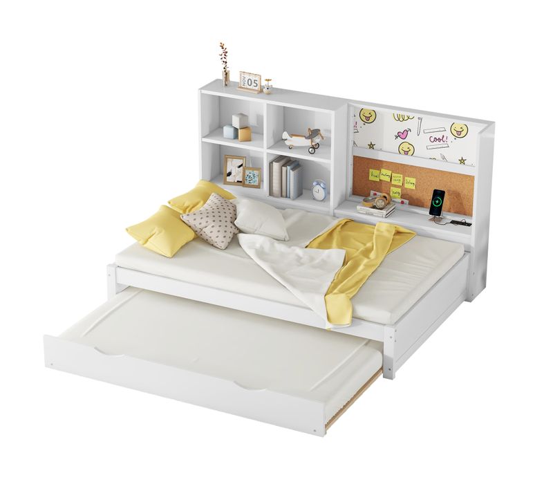 Lit Gigogne 90 X 200 Cm - Lit Enfant Avec Table à Dessin Et USB - Bois + Mdf - Sans Matelas - Blanc
