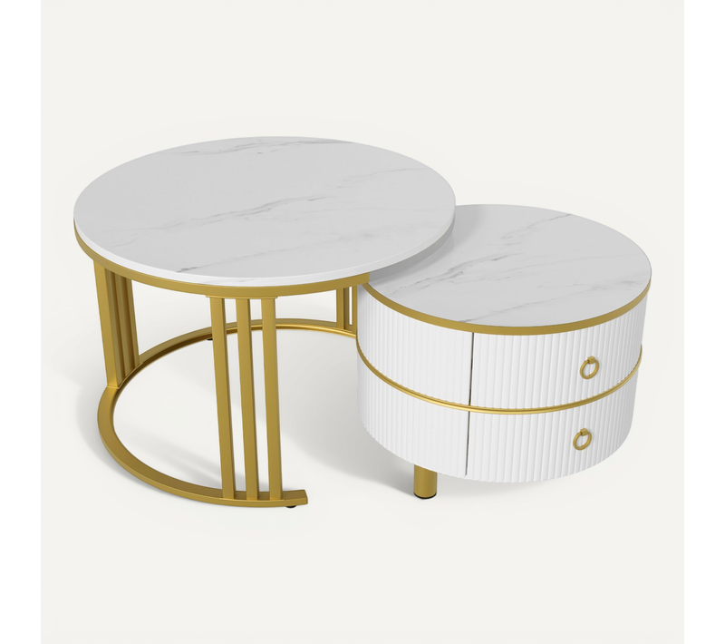 Table Basse Moderne 2-en-1 - Rangements - Design Rond Gigogne - Métal Et Mdf - Marbre Blanc Et Doré