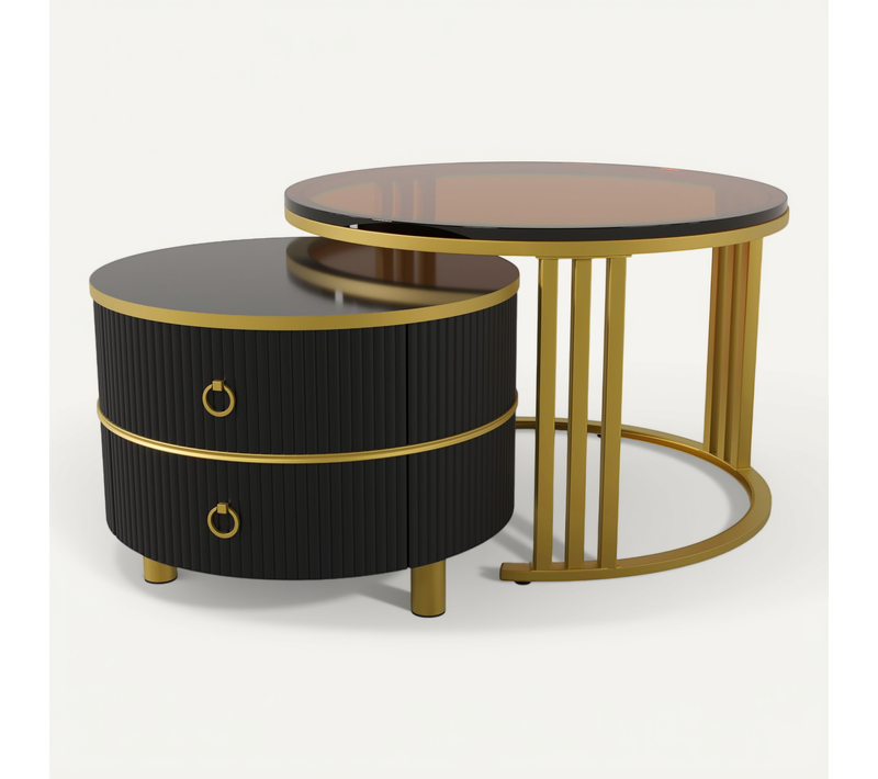 Table Basse Moderne 2 En 1 - Plateau Verre Trempé Brun Et 2 Tiroirs - Métal Et Mdf - Noir Et Marron