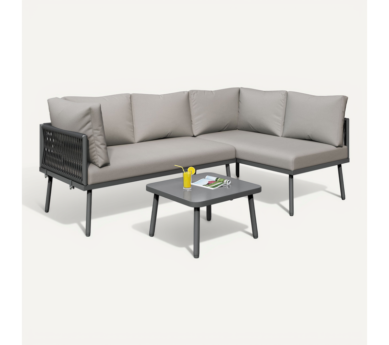 Salon De Jardin L 2 Pièces, Lounge Extérieur Corde Grise, Cadre Acier, Coussins