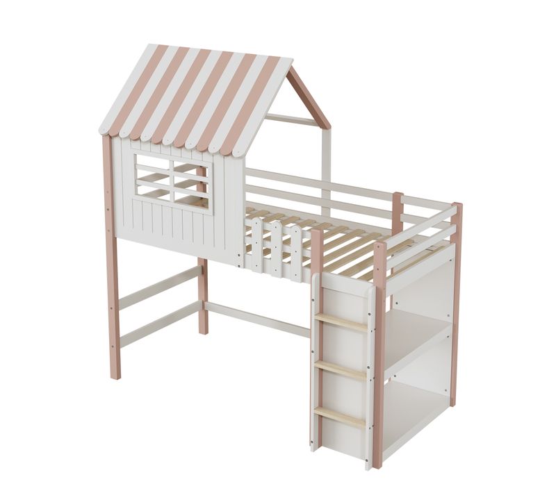 Lit Mezzanine 90x200 Cm Cabane Enfant Avec Échelle Sécurisée Et Rangements - Bois Massif - Rose