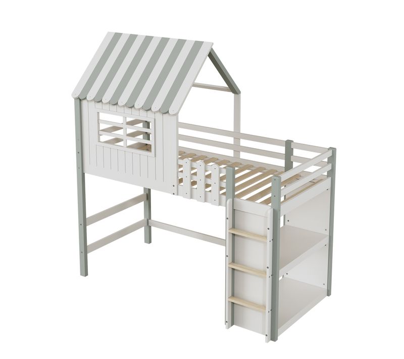 Lit Cabane Enfant 90x200 Cm Mezzanine Avec Échelle Et Rangements Fonctionnels - Bois + Mdf - Vert