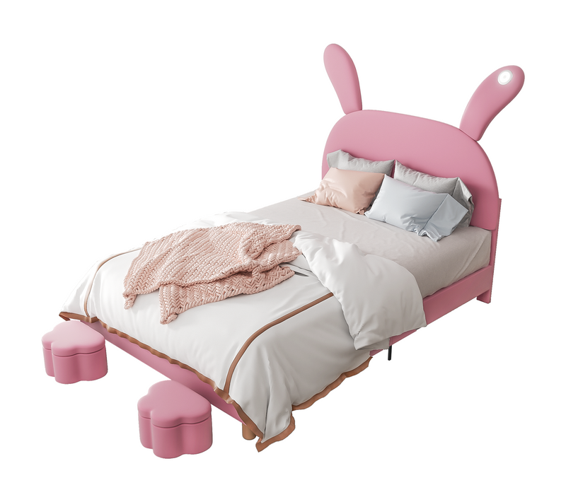 Lit Enfant 140x200 Cm - Capitonné - Éclairage LED - 2 Tabourets De Rangement - Velours - Rose