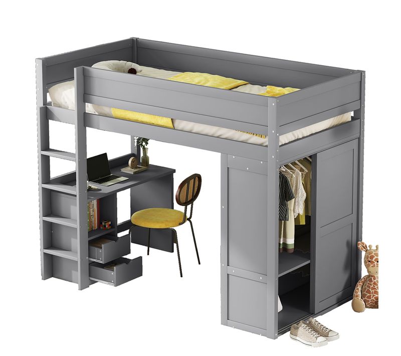 Lit Mezzanine 90x200 Cm - Lit Avec Bureau Et Rangement - Pin + Mdf - Gris