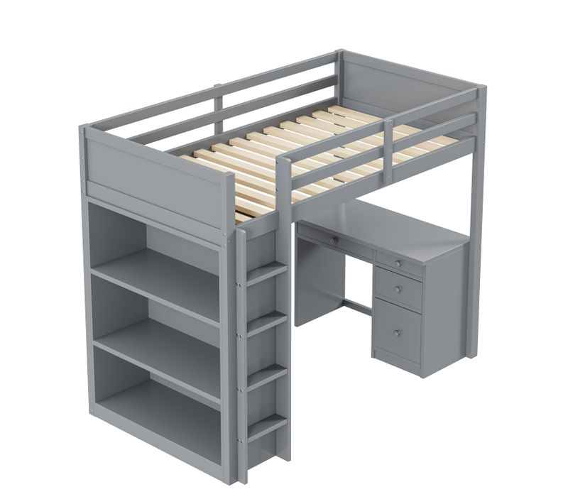 Lit Mezzanine 90x200 Cm Avec Bureau Et 2 Compartiments De Rangement – Lit Enfant Combiné Bois Gris