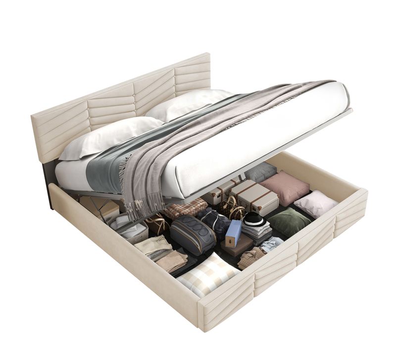 Lit Coffre 140x190 Cm - Lit Double Rembourré Avec Sommier à Lattes - Velours - Beige