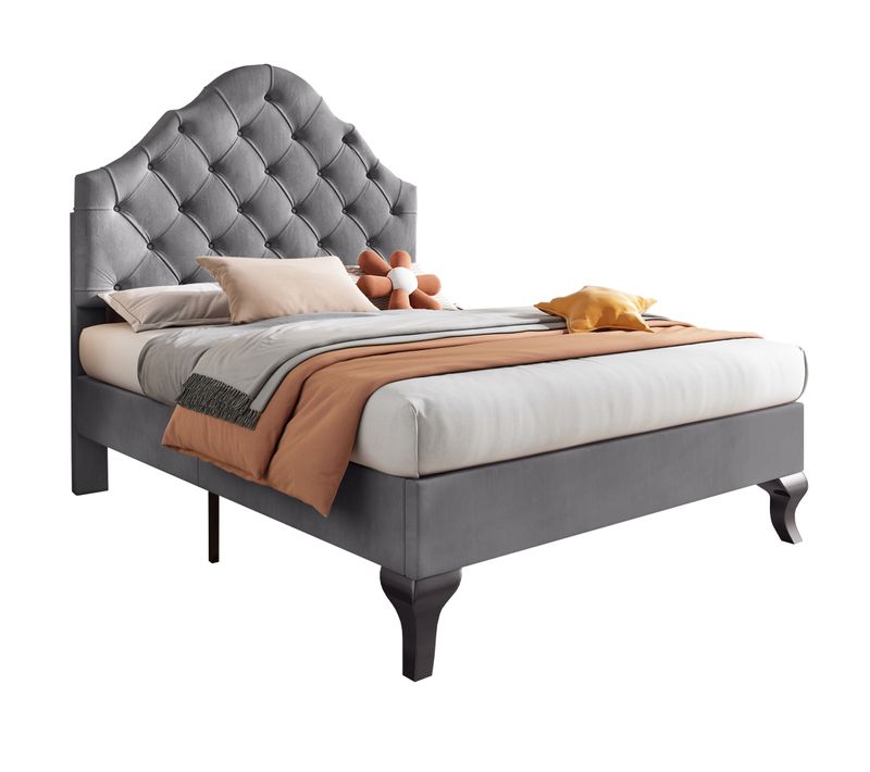 Lit Simple 90x200 Cm - Lit Ado Capitonné Avec Tête Réglable - Velours - Gris