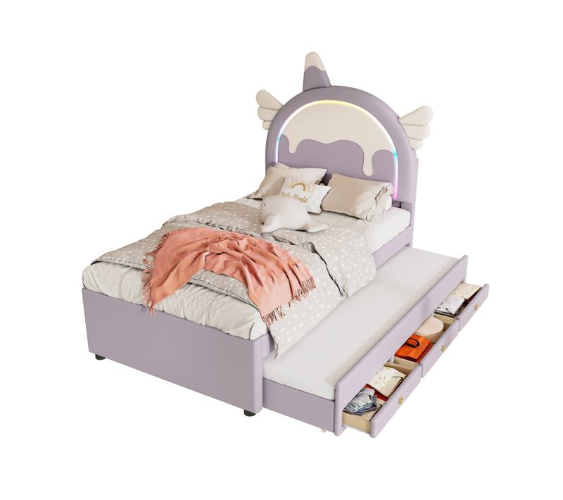 Lit Gigogne 90x200 Cm - Lit Enfant Licorne Avec Lit Gigogne - Pu + Mdf - Sans Matelas - Violet
