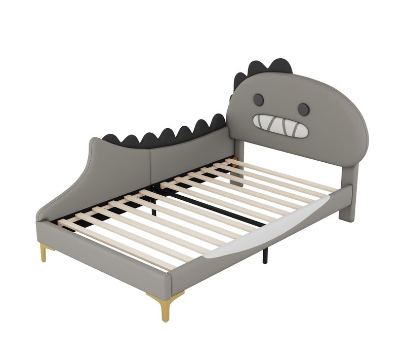 Lit Enfant 90x200 - Lit Ludique Dinosaure Pour Garçon Ou Fille - Tête De Lit Décorative - Mdf - Gris