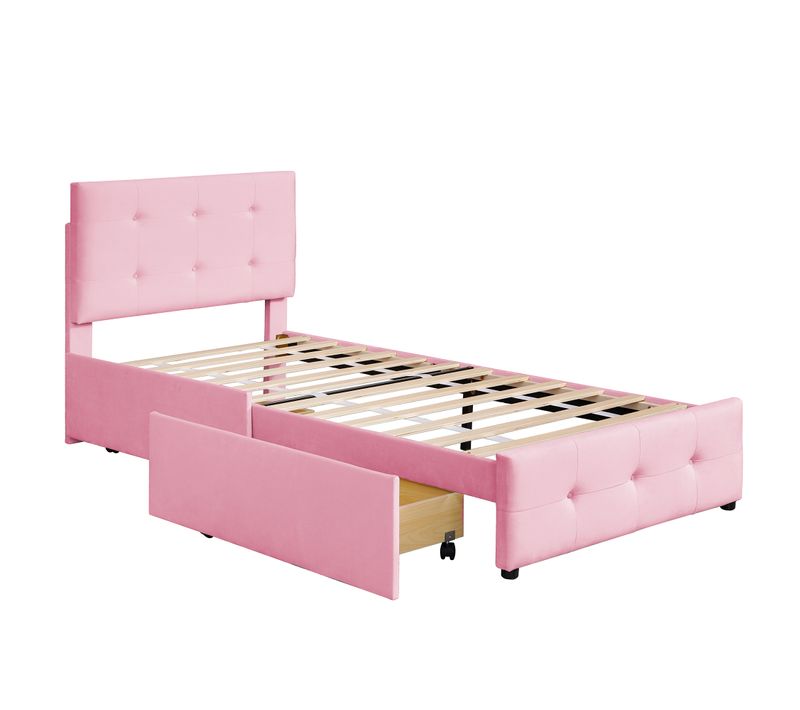 Lit Enfant 90x200 Cm - 2 Tiroirs + Sommier à Lattes - Rangement Confortable - Velours - Rose