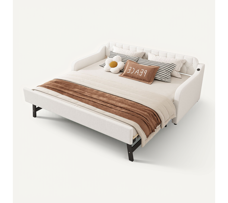 Lit Gigogne 90x200 Cm - Lit Simple Avec Lit D’appoint Coulissant, Fonction USB, En Lin Et Mdf, Beige
