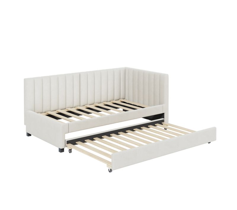 Lit Gigogne 90x200 Cm Avec Lit D’appoint Pour Enfant, Lit Supplémentaire - Velours - Beige