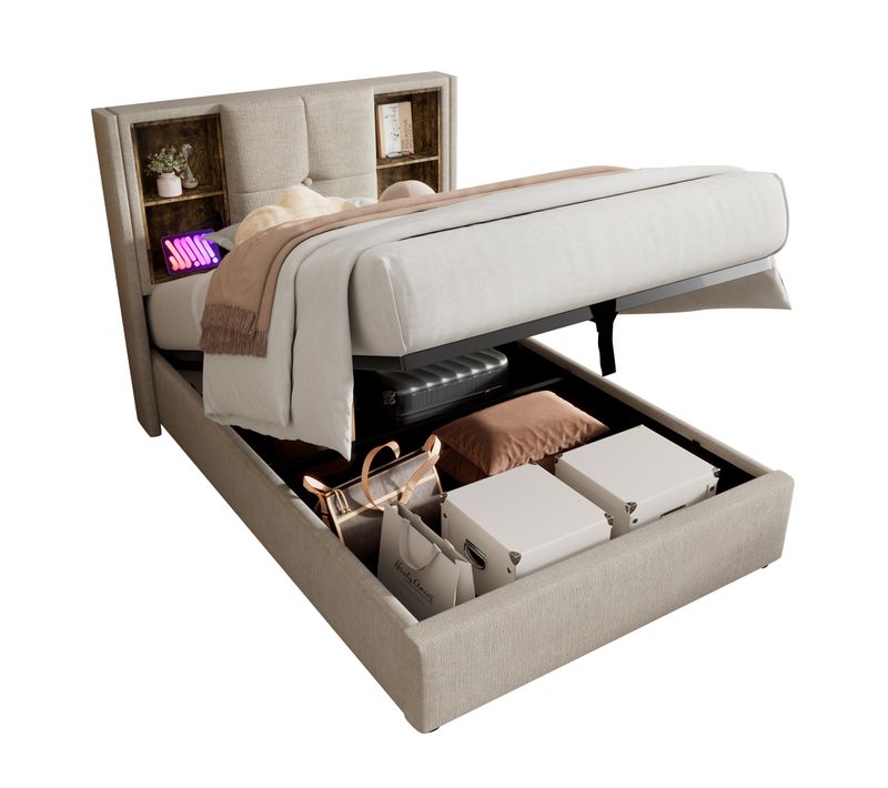 Lit Coffre Simple 90x200 Cm - Chargeur - LED - Lit Rembourré - Rangement - Lin - Aturelle