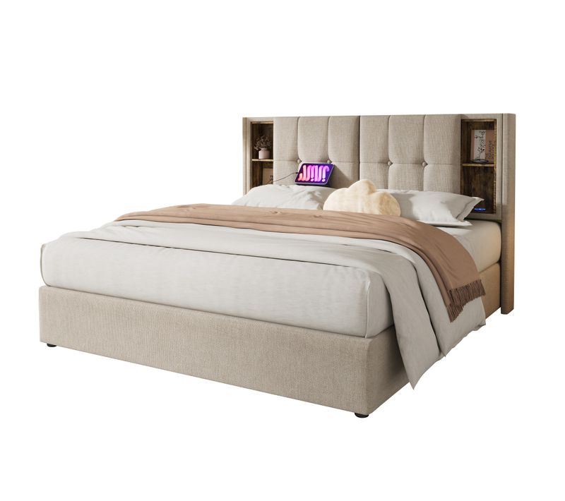 Lit Coffre 160x200 Cm - Coffre Double - Rangement - Sommier - Technologie - USB- Lin - Natural