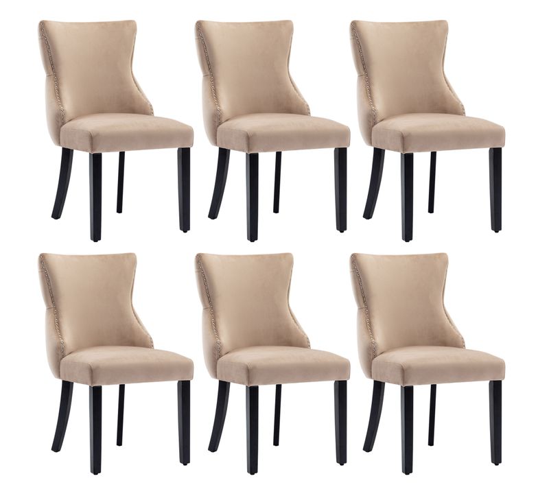 Chaises De Salle à Manger - Lot De 6 Chaises -dossier Boutonné - Velours Beige - Pieds Stables
