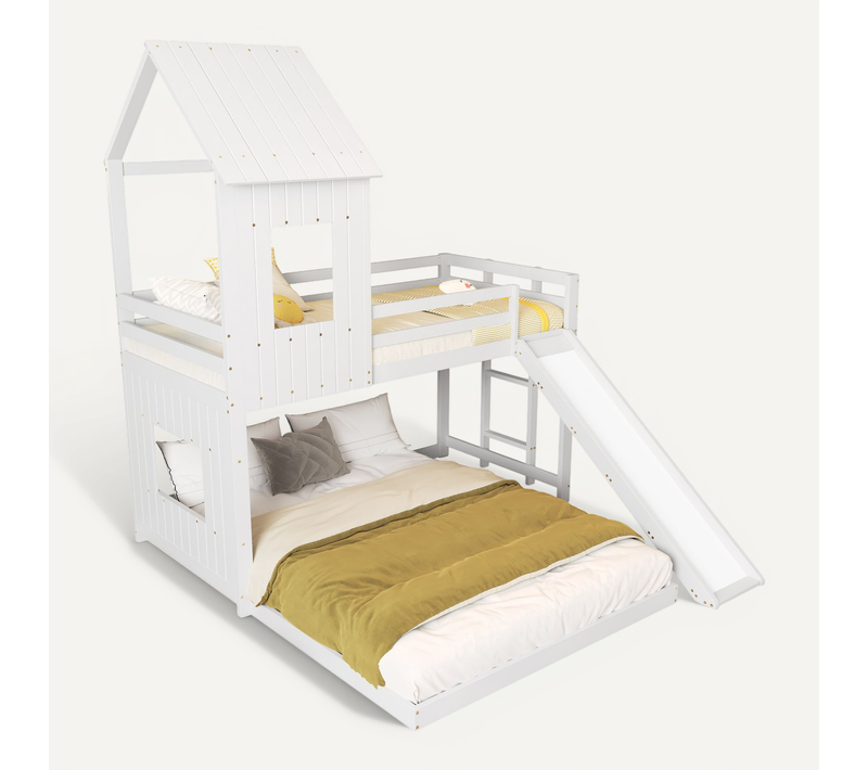 Lit Superposé 90/140x200 Cm - Lit Enfant Avec Toboggan, Toit Et Échelle - Structure Stable - Blanc