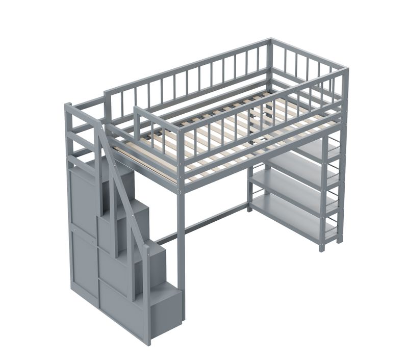 Lit Mezzanine 90x200 Cm - Lit Enfant - Rangement Et Garde-corps - Armoire Et Étagères - Bois - Gris