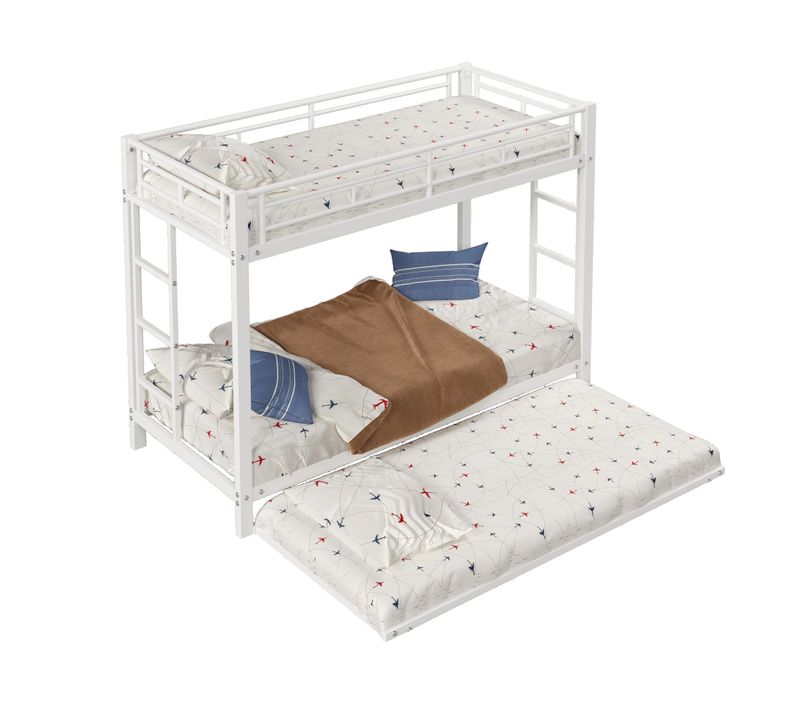 Lit Superposé Junior 90x200 Cm - Lit Gigogne 90x190 Cm - Garde-corps Sécurité - Métal - Blanc