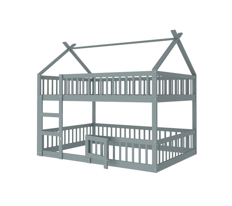 Lit Superposé Enfant 140x200 Cm - Traverses Solides Et Barrière - Sommier Libre - Gris