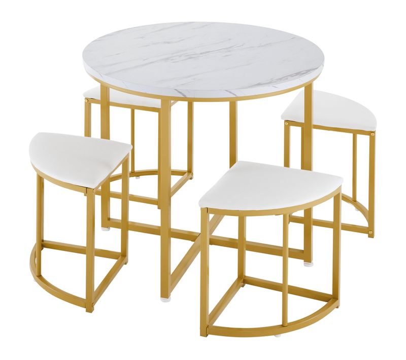 Ensemble Table Et Chaises De Salle à Manger - Table 4 Personnes - Velours - Pieds Dorés -mdf Blanche
