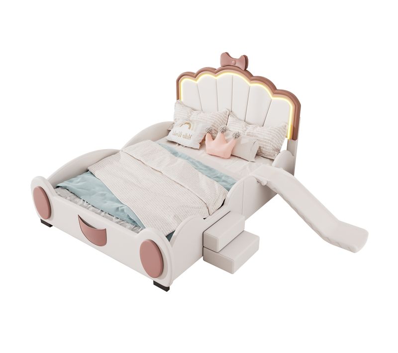 Lit Enfant 140x200 Cm - Lit Double Avec Toboggan Ludique Et Échelle Sécurisée - LED - Blanc Rose