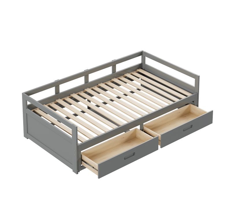 Lit Gigogne 90/180x190 Cm Avec Tiroirs Et Sommier à Lattes, Fonctionnel Pour Chambre - Mdf - Gris