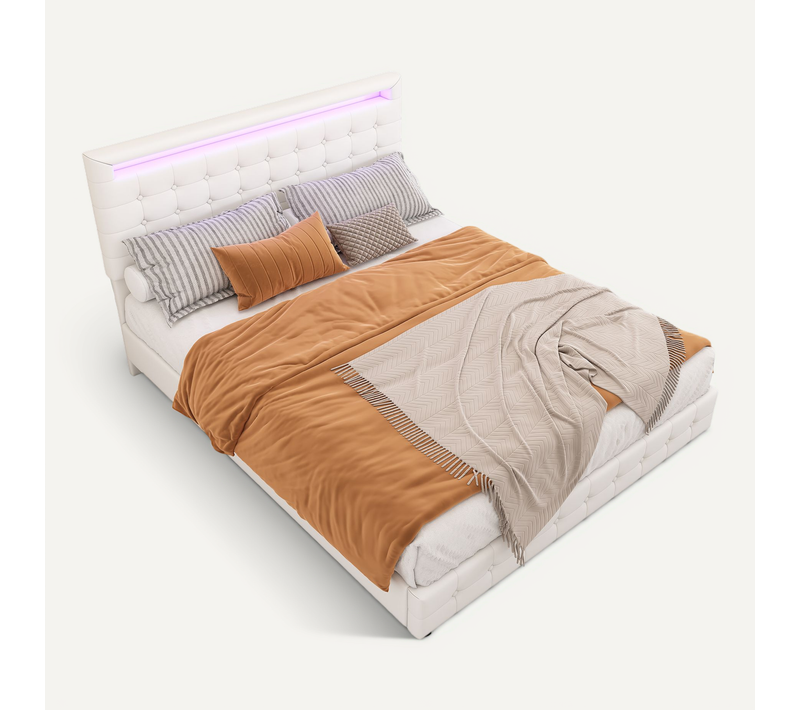 Lit Double 140x200 Cm - Lit Adulte Avec Télécommande LED Et Tête De Lit Ajustable - Stable - Blanc