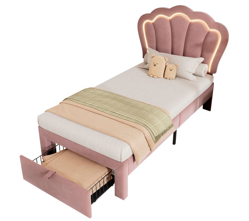 Lit Enfant 90x190 Cm - LED Décor Floral - Tiroirs De Rangement - Velours - Rose