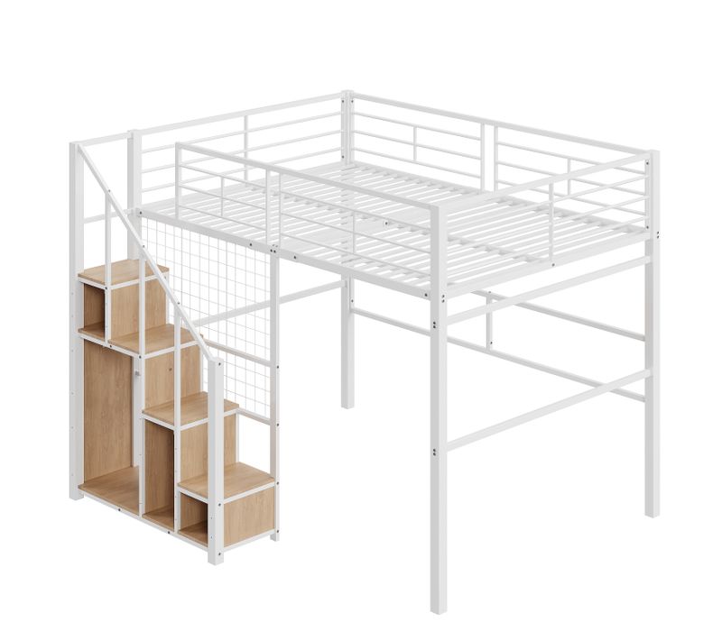 Lit Mezzanine 140x200 Cm - Lit Surélevé Métal Avec Échelle De Sécurité Et Rangement - Blanc