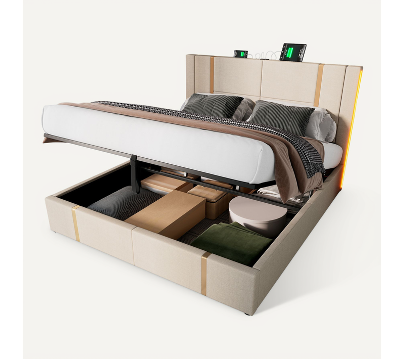 Lit Coffre 160×200 Cm Rembourré Avec LED, USB, Lin, Beige,structure Stable