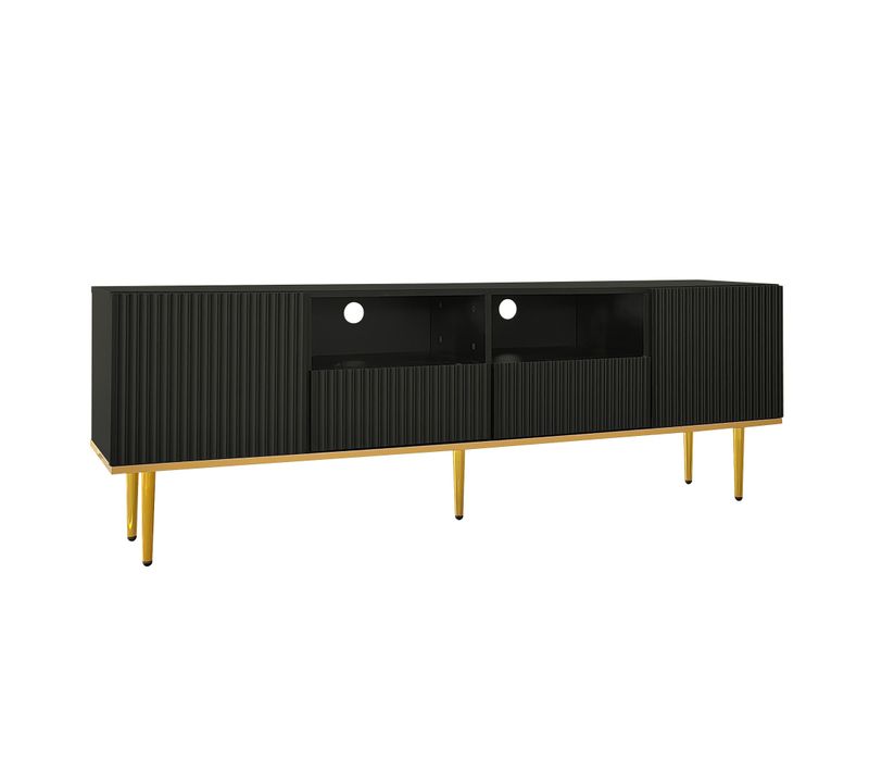 Meuble TV Noir 165 Cm Avec 2 Portes Et 2 Tiroirs, Pieds Dorés, Design Contemporain