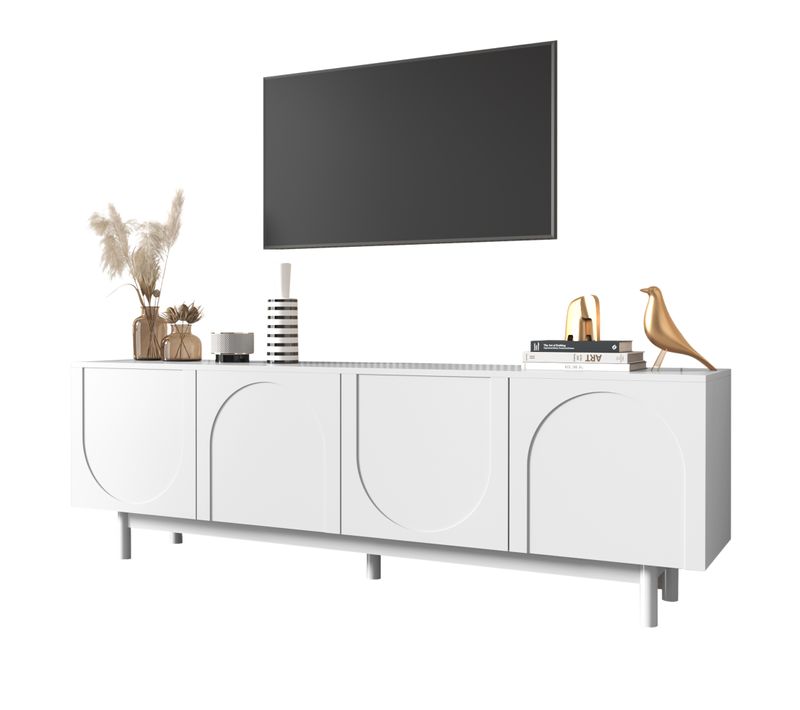Meuble TV - Avec Tablettes Réglables - Lowboard Moderne Style Luxe - Blanc