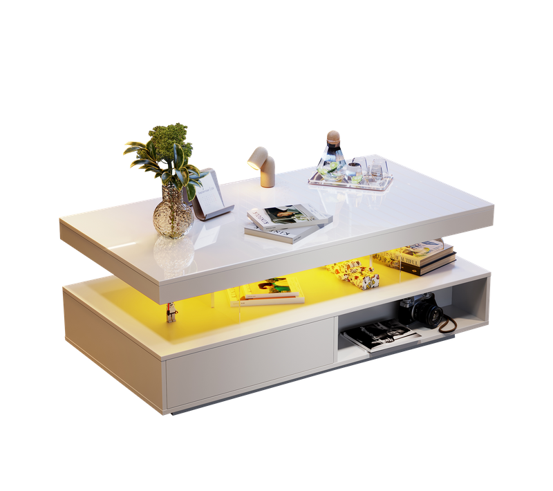 Table Basse LED Avec Plateaux En Verre, 2 Tiroirs Et Niches, Mdf, Blanc, 95×50×42,5 Cm