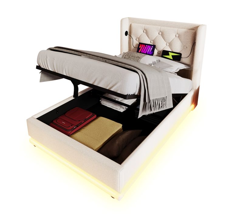 Lit Simple 90x200 Cm - Coffre Capitonné, USB-c, LED, Coton - Beige