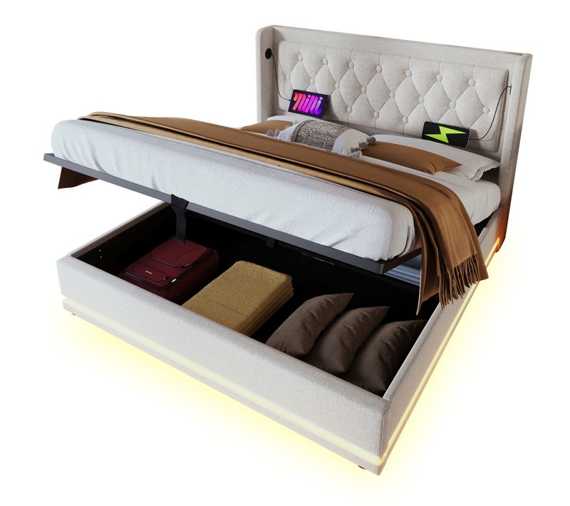 Lit Double 180x200 Cm - Coffre Capitonné Avec Rangement, LED Et USB-c - Coton - Beige