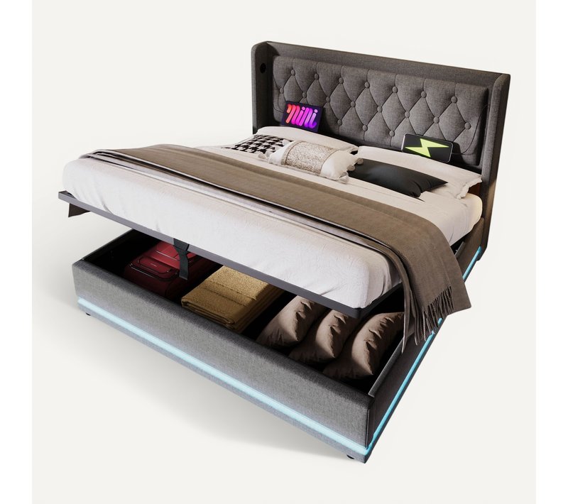 Lit Coffre 160x200 Cm - Lit Double Avec Fonction USB Type-c Et LED - Coton - Gris