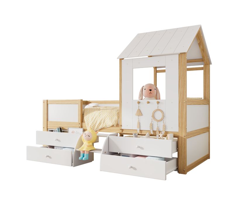 Lit Enfant 90x200 Cm - Cabane Mi-hauteur - Toit Et Barrières - 2 Tiroirs - Bois - Blanc/naturel