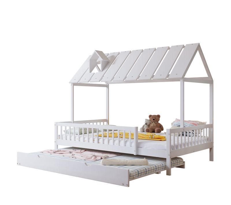 Lit Gigogne 120x200 Cm - Cabane Enfant - Tiroirs Rangement - Toit Cheminée - Pin Mdf - Blanc