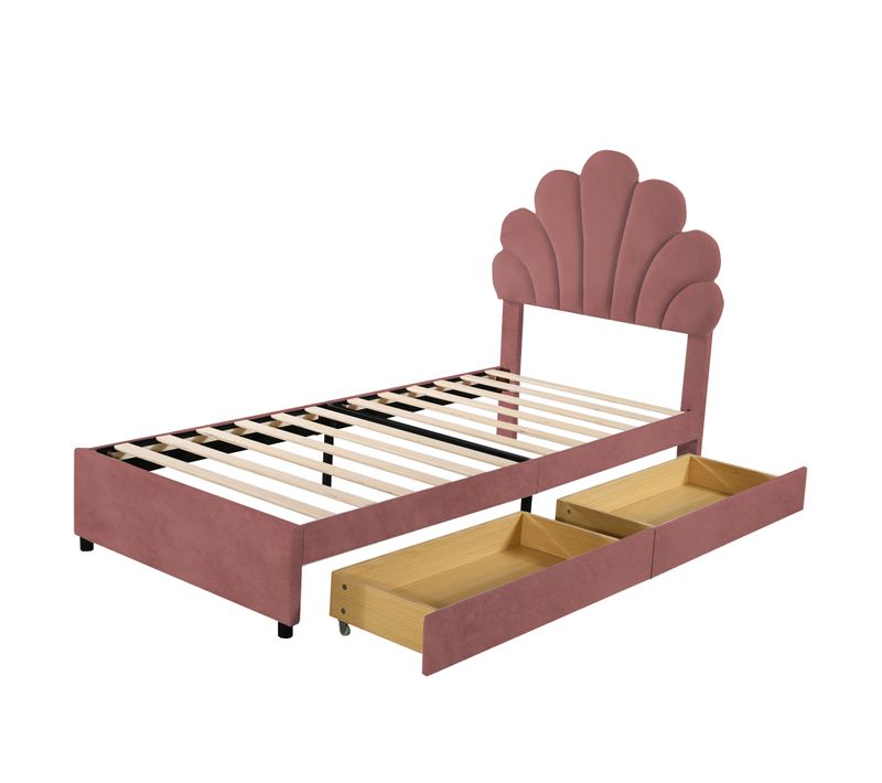 Lit Simple 90x200 Cm - Lit Enfant Fille Capitonné Avec 2 Compartiments Et Sommier - Velours Rose