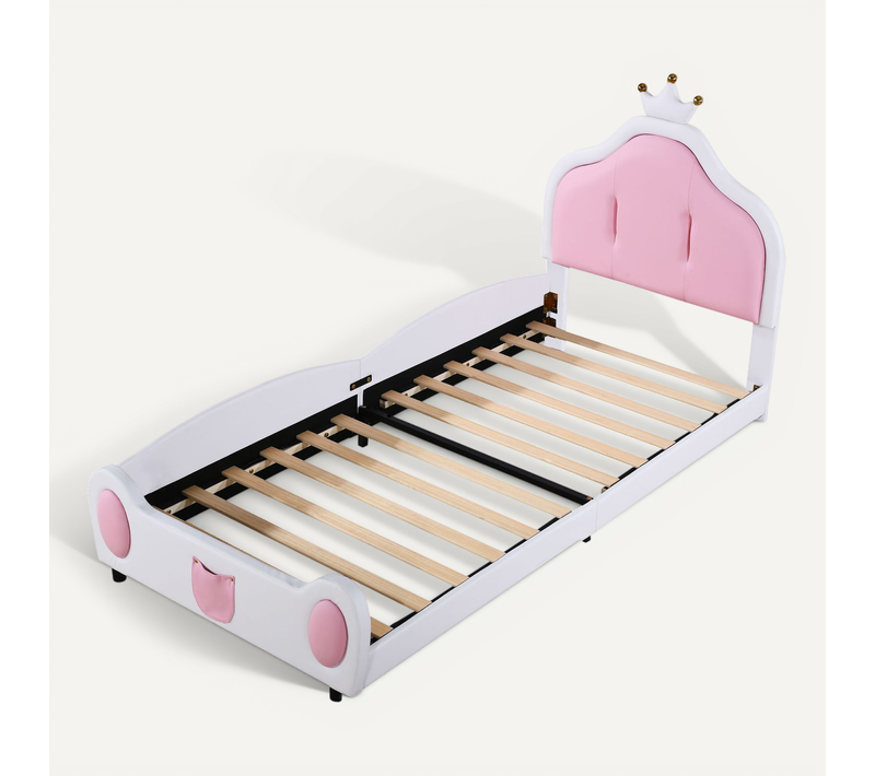 Lit Enfant 90x200 Cm - Tête Couronne Bicolore - Design Moderne - Simili Cuir - Blanc Rose