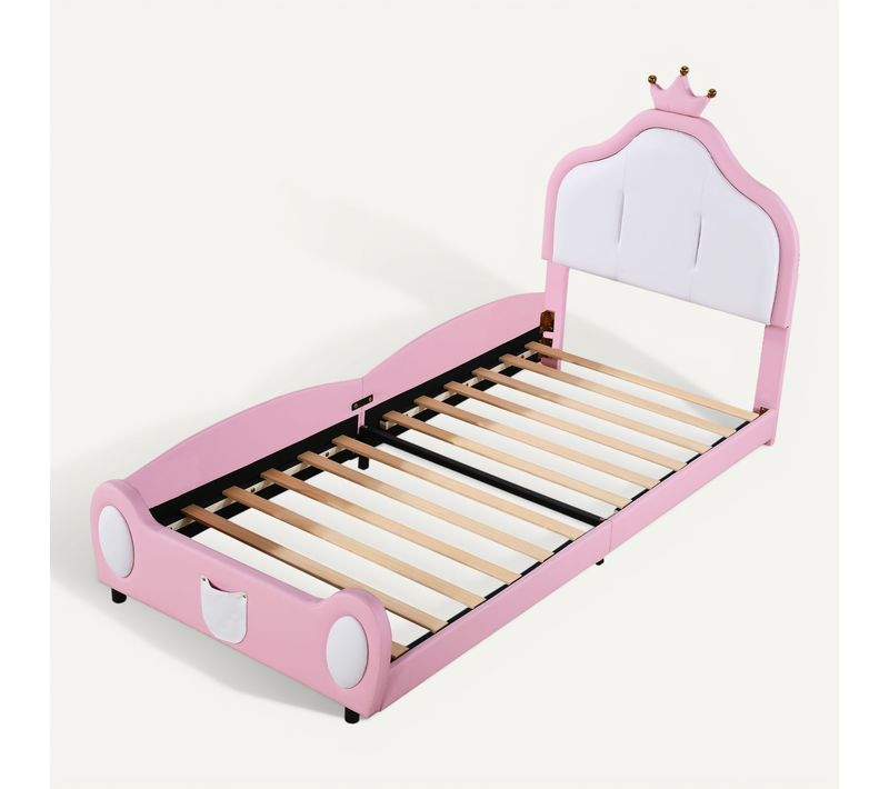 Lit Enfant 90x200 Cm - Tête De Lit Couronne - Style Chambre Enfant - Simili Cuir - Rose
