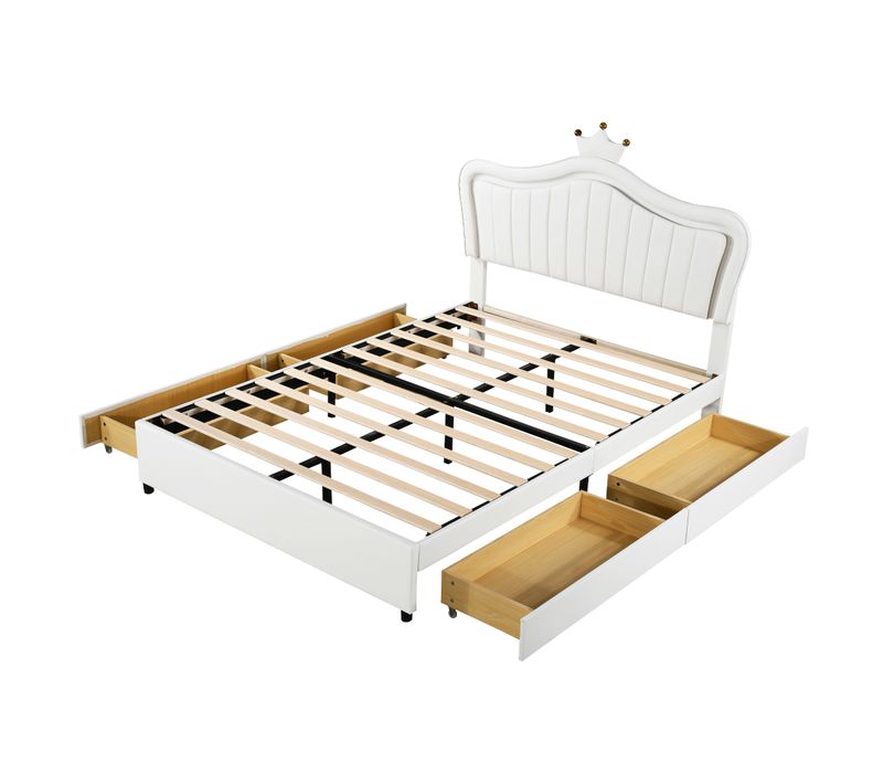 Lit Double 140x200 Cm - Lit Enfant Capitonné Avec LED Et Tiroirs De Rangement - Moderne - Blanc