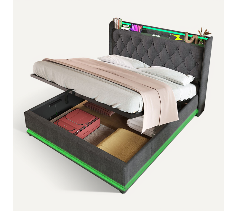 Lit Coffre 160x200, Lit Adulte Capitonné Avec LED Et Fonction USB Type-c, Lin Gris