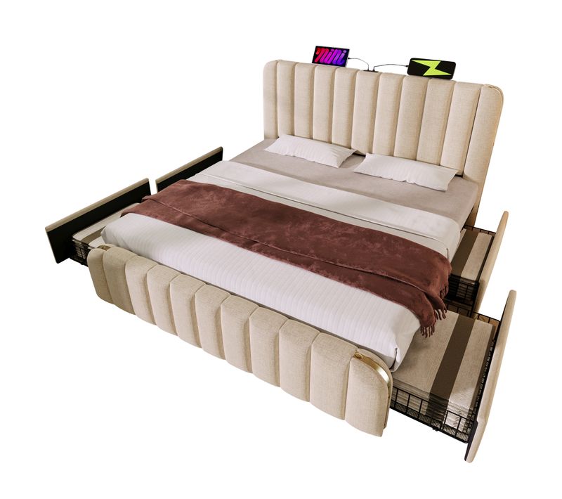 Lit Double 160×200 Cm Rembourré, USB-c, 4 Tiroirs, Lin, Beige