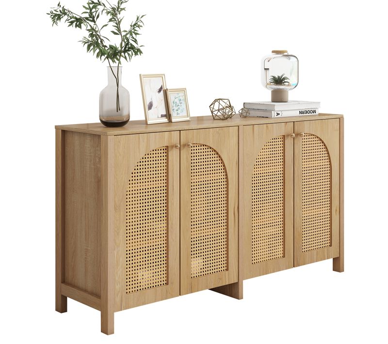 Buffet Scandinave Bois Naturel, Portes Cannage, Poignées Métal, Meuble Salon, 145x40x80 Cm